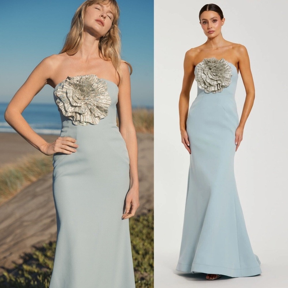 NWT Mac Duggal Blue Strapless Trumpet Gown w/ 3D Rhinestone Flower $598 Size 4
